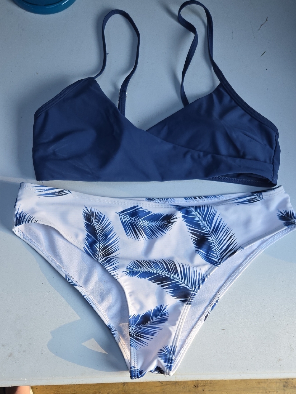 Source Unknown Navy Blue Bikini Set with White Palm-Print Bottoms
